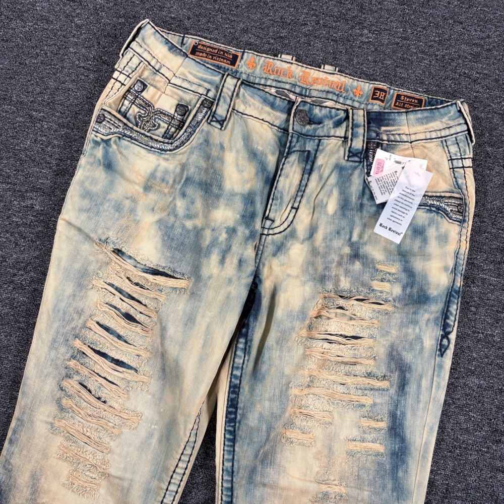 Rock Revival Steven Alt Straight Jeans Mens 38 Blue Acid Wash Skater NEW